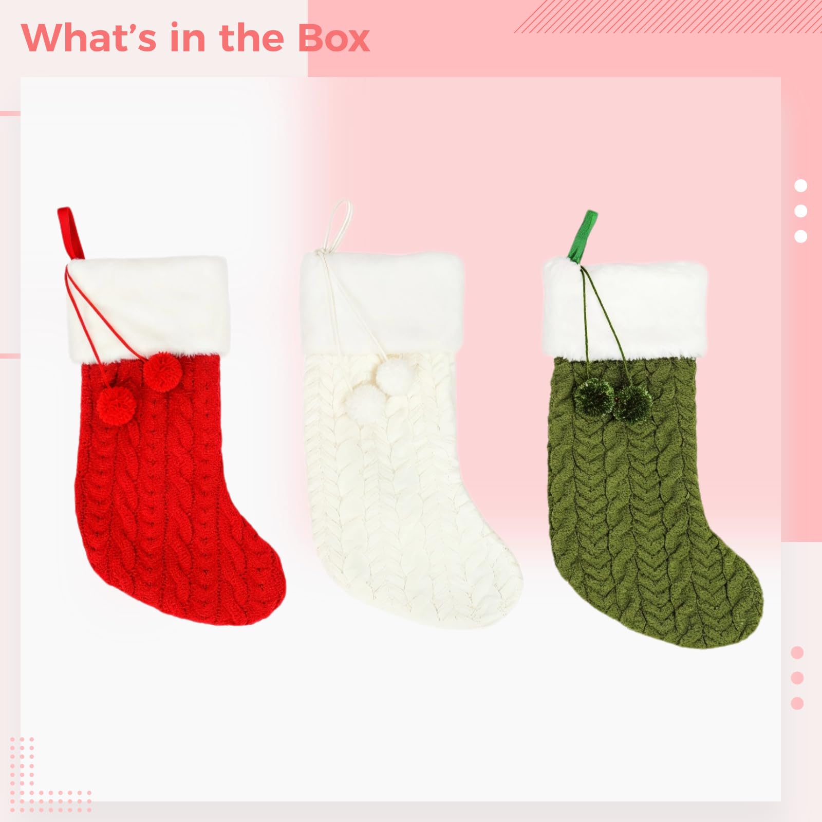 3 calze natalizie, 22,1 x 39,9 cm, grandi calze natalizie a maglia per la famiglia, decorazioni festive con pompon e anello per appendere camino, albero di Natale, casa e decorazioni per feste