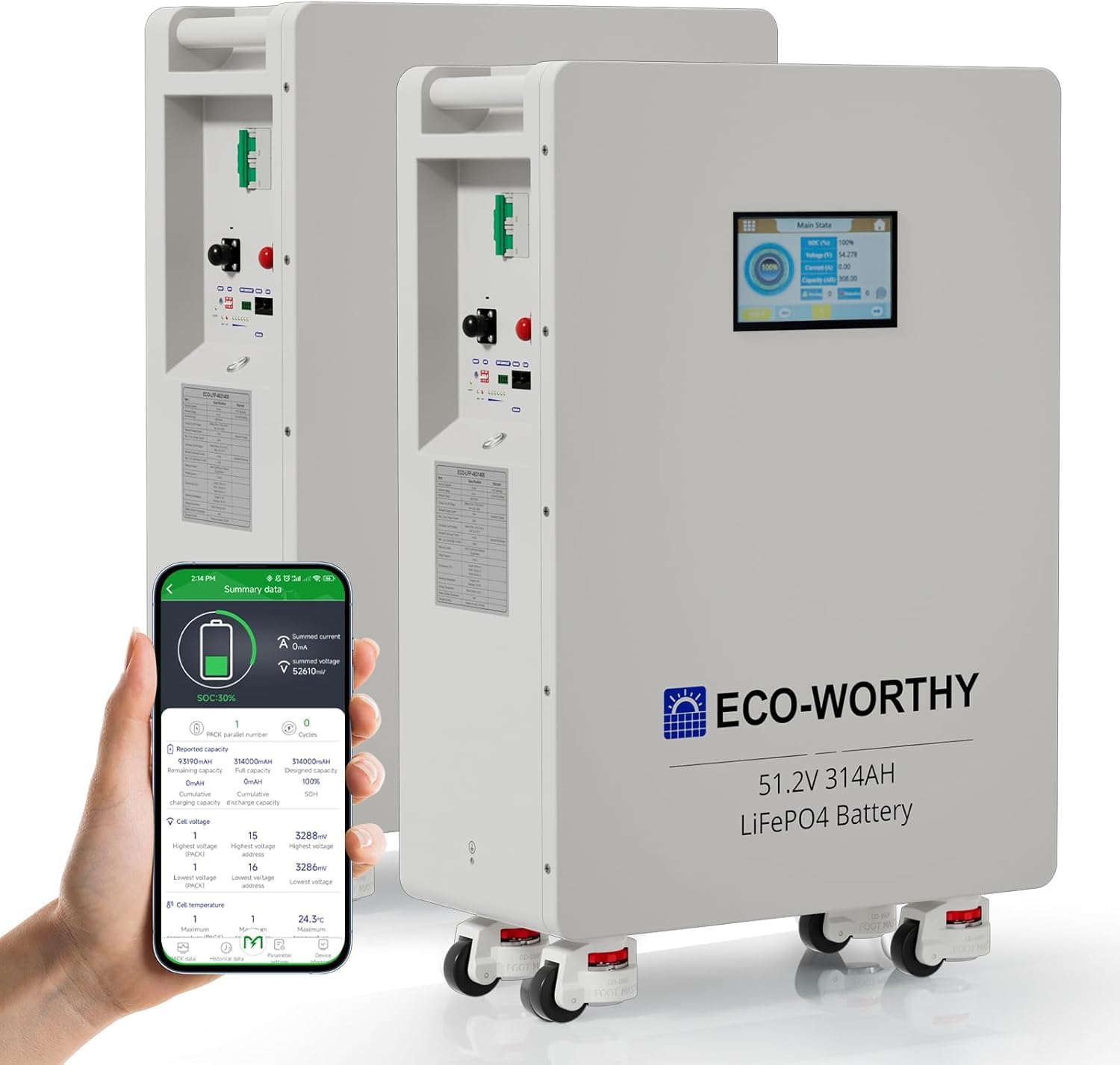 ECO-WORTHY LiFePO4 akumulator LiFePO4 48 V 314 Ah, akumulator 32,2 kWh i wyłączniki mocy 200 A PACE BMS RS485/CAN/RS232 z Bluetooth WLAN do zasilania awaryjnego w domu, niezależne od sieci solarne