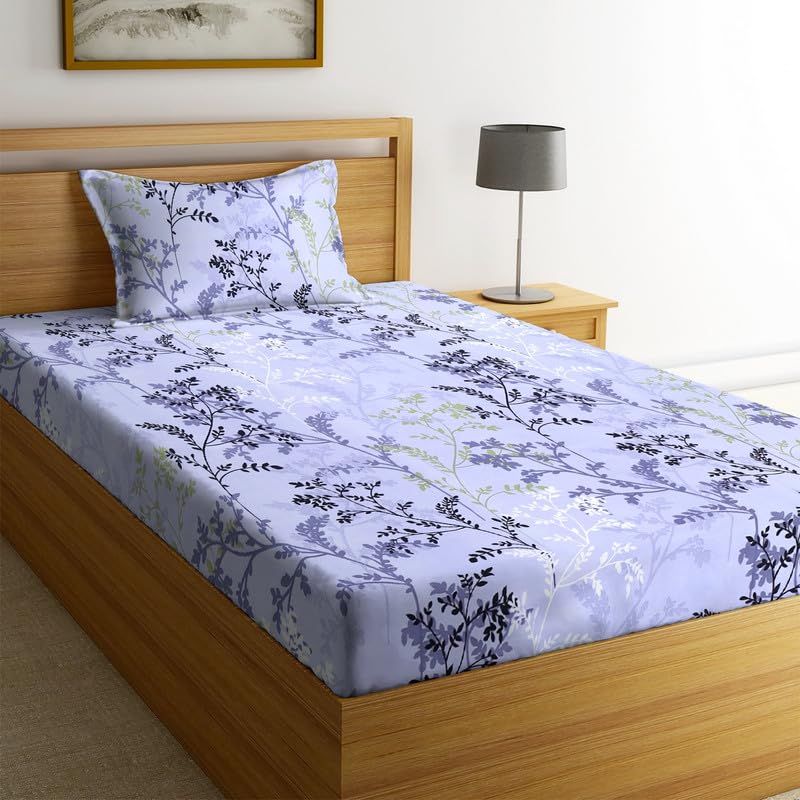 NHD HOME Premium Glace Cotton 220 TC Flat Single Bedsheets Breathable | Wrinklefree (Size-60 X 90 Inch) with 1 King Size Pillow Covers (Size-17 X 27 Inches, Floral, Milky White)