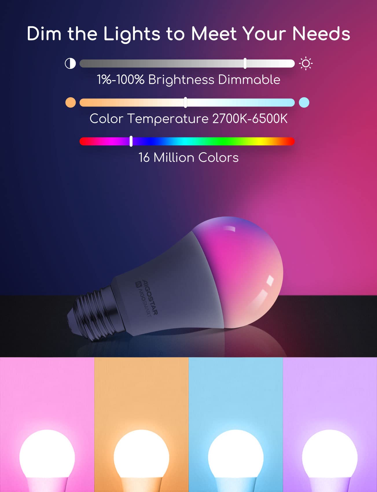 Aigostar Bombilla Inteligente E27 WiFi LED RGB 9W 806LM Regulable (2700K-6500K), Compatible con Alexa y Google Home, Sincronización con Música, Conexión Rápida, 6 Uds