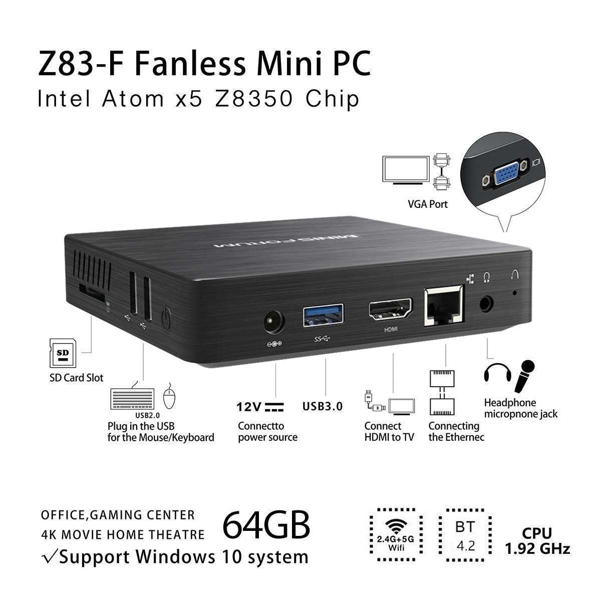 MINISFORUM Mini PC Windows 10 Z83F Fanless 4 GB DDR3/64 GB Emmc
