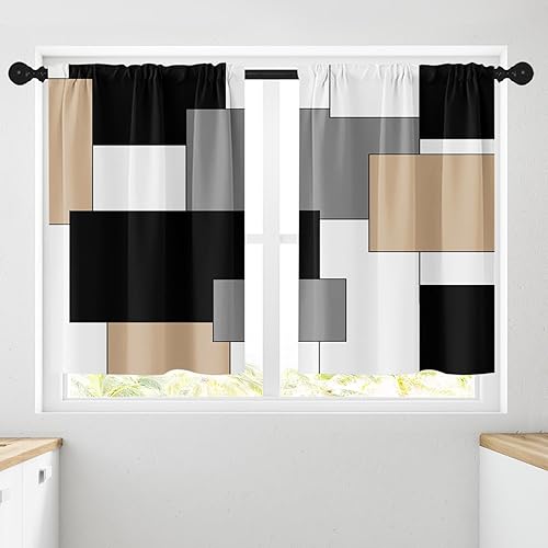 Vista 233 de Cortinas geométricas de cocina negras y grises de 63 pulgadas de largo, juego de 2, cortinas grises y blancas para dormitorio, sala de estar, Gris