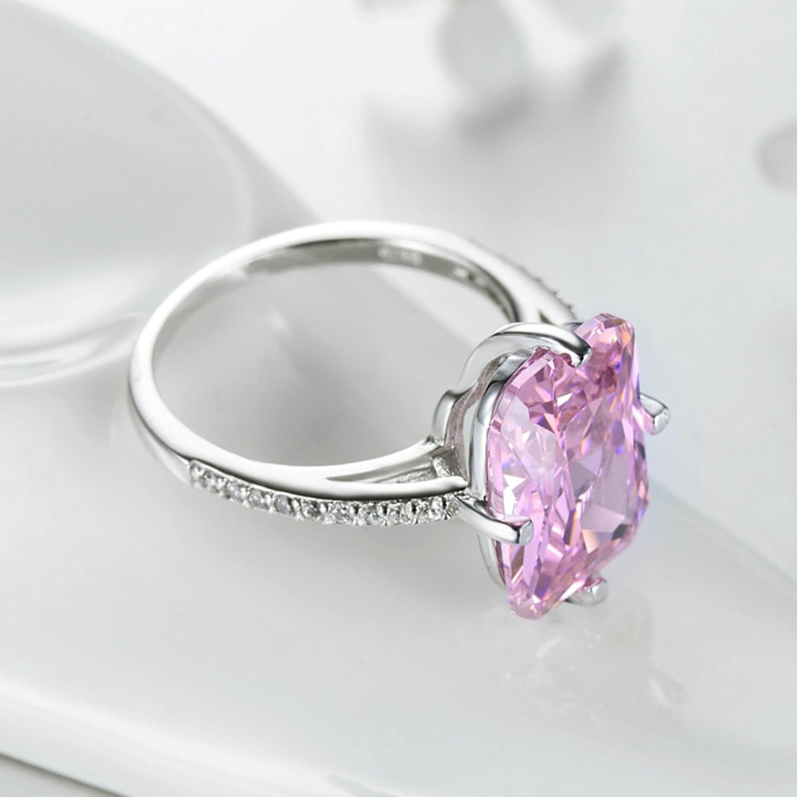 Fedi nuziali in oro bianco con zaffiro rosa creato, eleganti, 9 K/14 carati, in vero oro 9 K, anelli di fidanzamento, grandi dimensioni, con moissanite da donna
