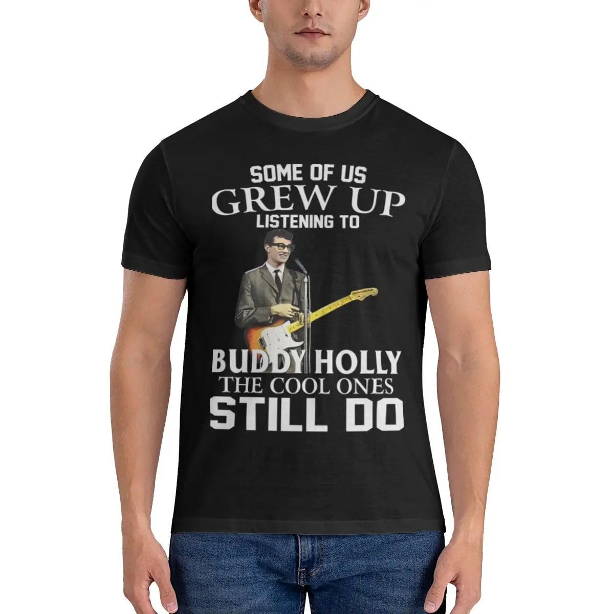Hangchang Men's Black -The-Cool-Ones-Still-Do-T-Shirt-Buddy-Holly-A-Rock-Singer-Cotton-Tops-Fashion