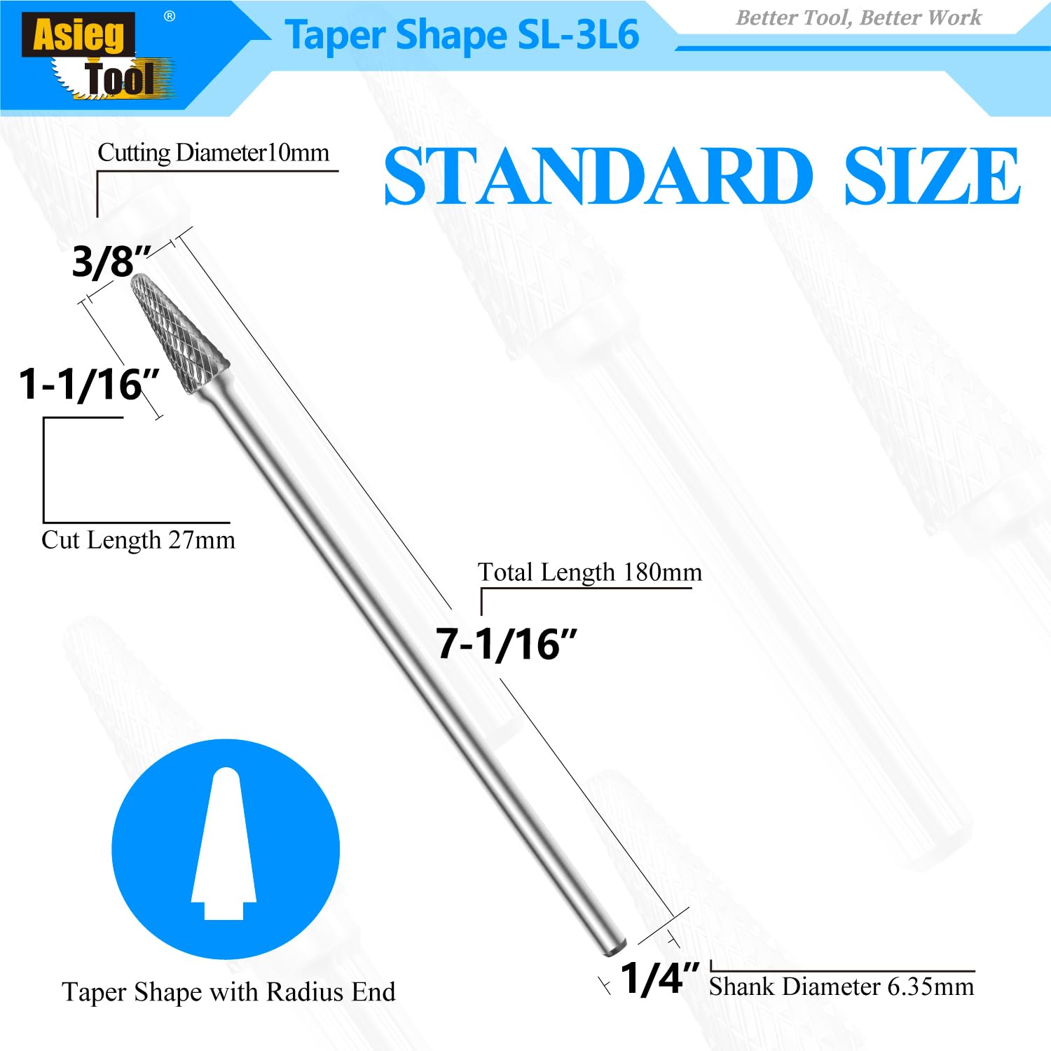 SL-3L6 Tungsten Carbide Burr Rotary File Taper Shape with Radius End Double Cut with 1/4" Shank for Die Grinder Drill Bit — Amazon image 2