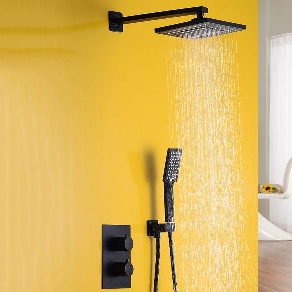 Thermostatic High-Grade Wall-Mounted Black Square Set 3 Modes Copper Faucet Top Spray System