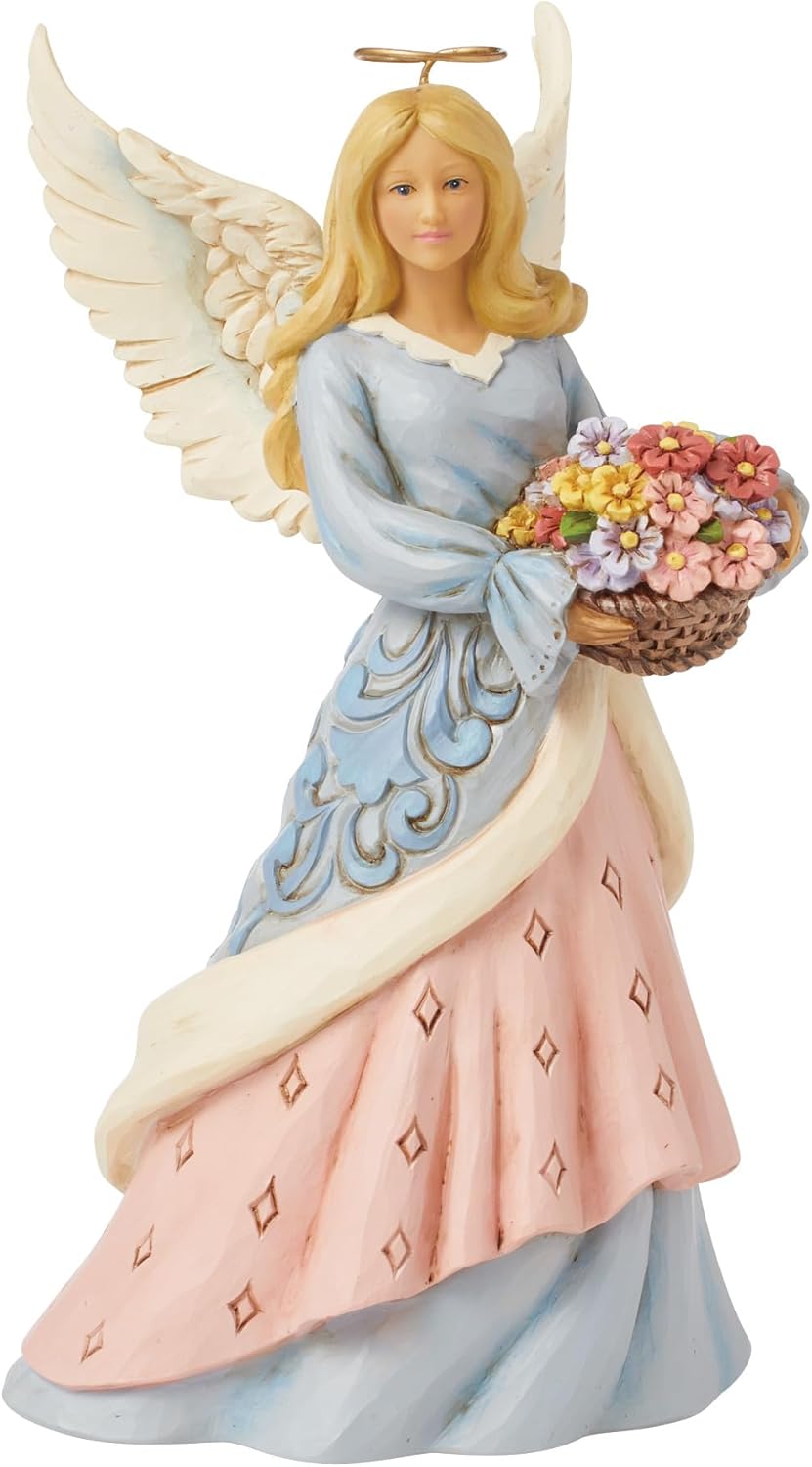 Enesco Jim Shore Heartwood Creek Easter Angel with Flower Basket Figurine- Stone Resin Hand Crafted Collectible Figurines Easter Home Decor Statue, 8.66 Inch