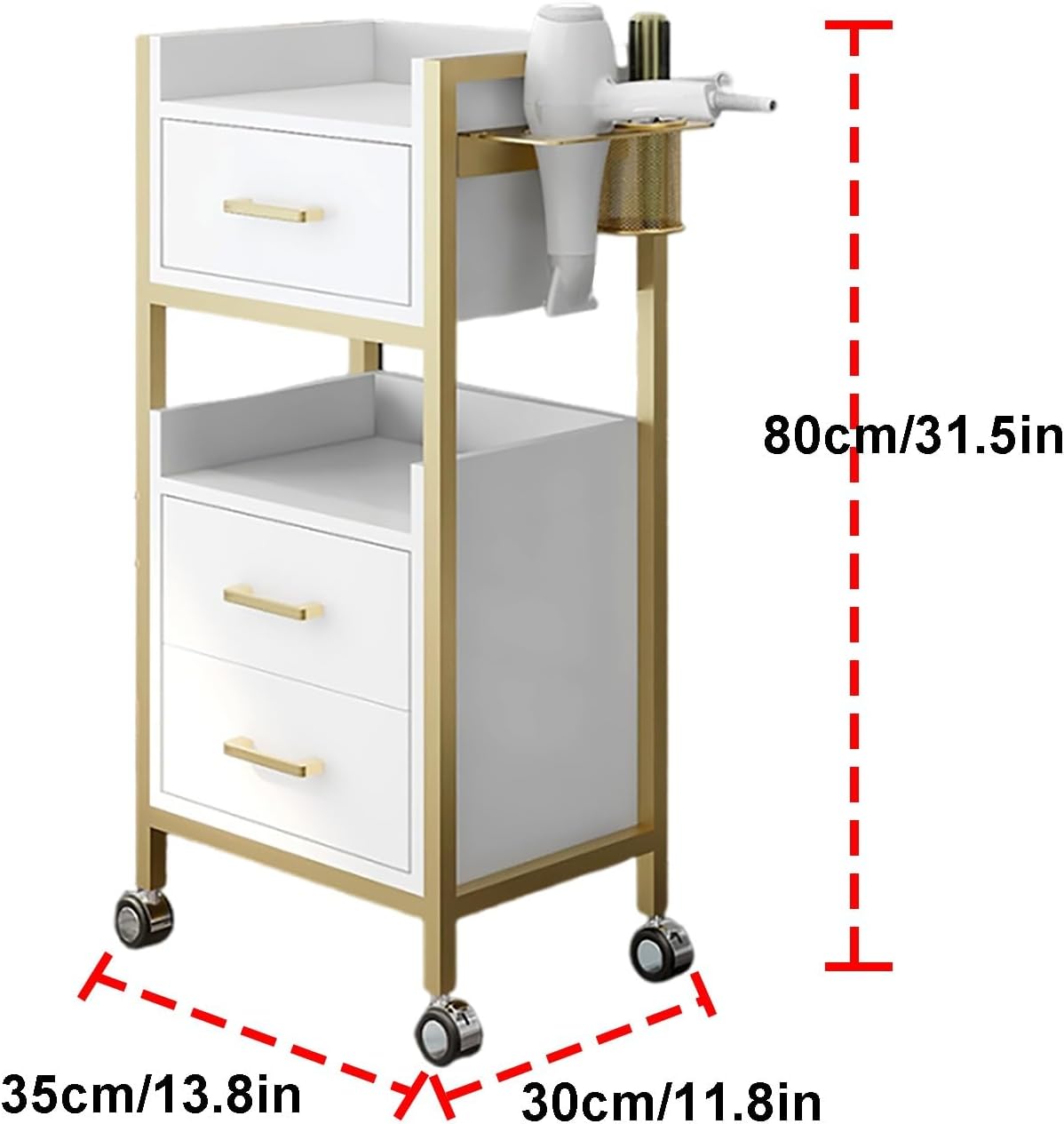 Salon Storage Trolley Cart with Wheels and 3 Drawers - Hair Styling Salon Cart with Dryer Holder for Barber, Hairdresser, Cosmetology, Stylist - Black