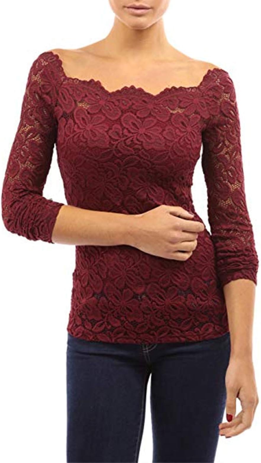 Tkiames Women Sexy Off The Shoulder Floral Lace Tops Long Sleeve T-Shirt Blouse (XL, Red 2)