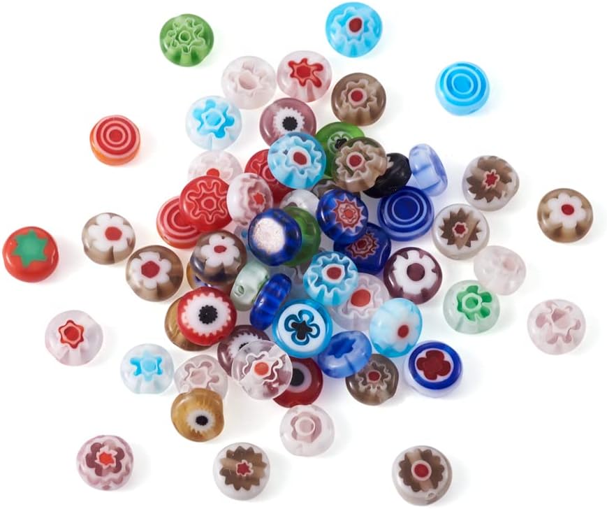 KISSITTY 10 Strands Handmade Millefiori Lampwork Glass Flat Round Spacer Beads Mixed Styles 6x3mm 15.9" for DIY Craft Jewelry Making (About 66pcs/Strand)