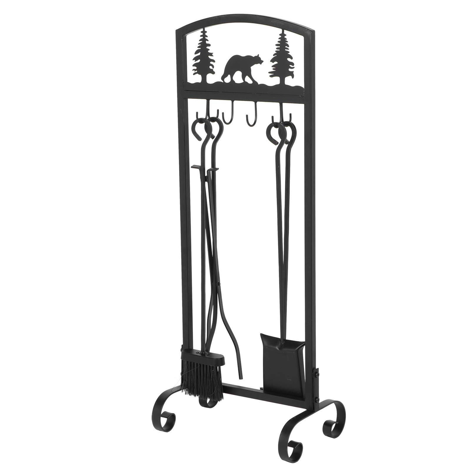 Wakects Juego de Herramientas para Chimenea Juego de Fuego de Hierro Forjado 5 Piezas con Soporte 22 X 31 X 82 Cm Diseño de árbol de Oso Pala de Póker Pinzas para Cepillo para Chimenea Interior Estufa