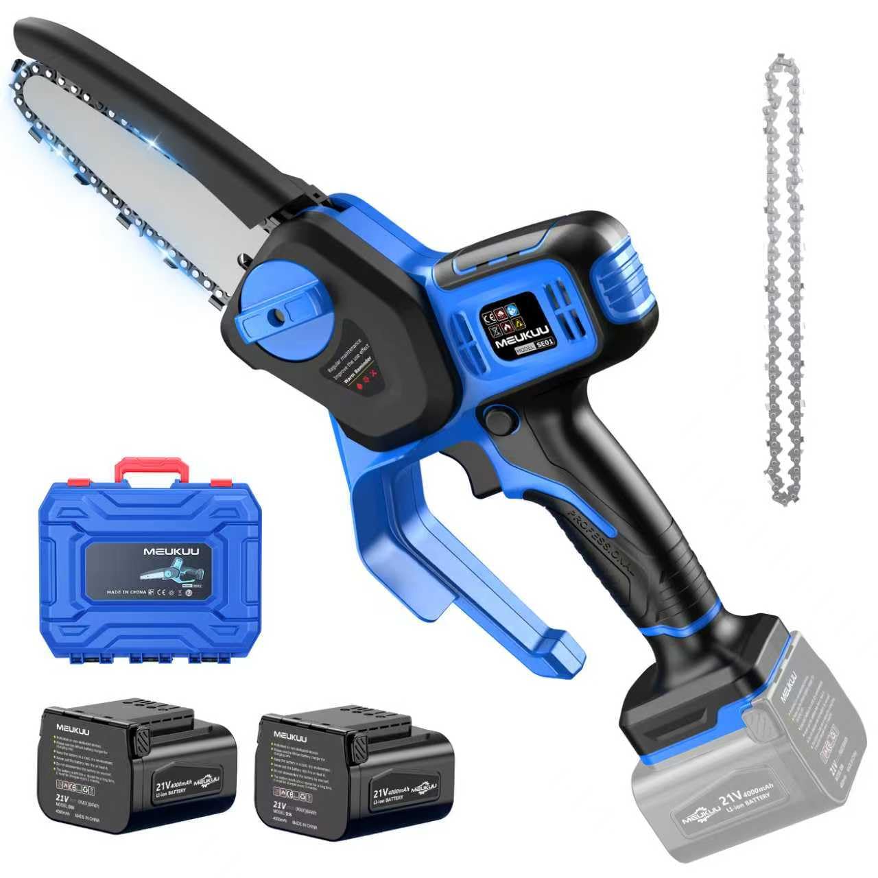 Mini motosierra a batería para poda con 4000 mAh baterías y cargador rápido, sierra con bomba de aceite y bloqueo de seguridad para el corte de madera y jardines (azul)