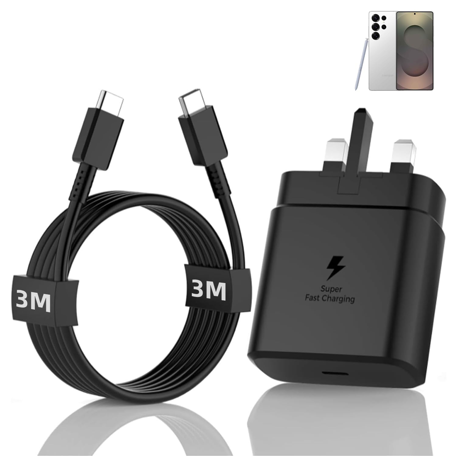 25W Samsung Charger, Super Fast Charger with 10ft Cable for Galaxy Tab A11/A11 Plus/A9/A9 Plus/A8/A7, Tab S10 Lite/S9/S8/S7 FE/S6 Lite, Tab Active4 Pro/Active5 25W USBC UK Power Adapter