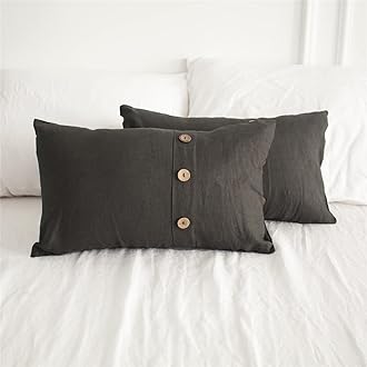Simple&Opulence 100% Linen Lumbar Pillow Cover 12 x 20 Inch Set of 2 Rectangular Decorative Pillow Cover with Vintage Triple Coconut Button for Couch Sofa Bed Living Room Office Décor - Dark Grey
