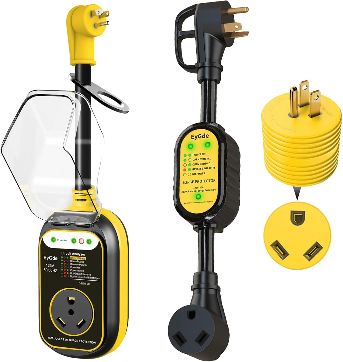 EyGde 30 Amp to 15 Amp 110 RV Adapter with Surge Protector Waterproof+30 Amp to 15 Amp 110 RV Adapter - Patented Power Adapter with Surge Protector