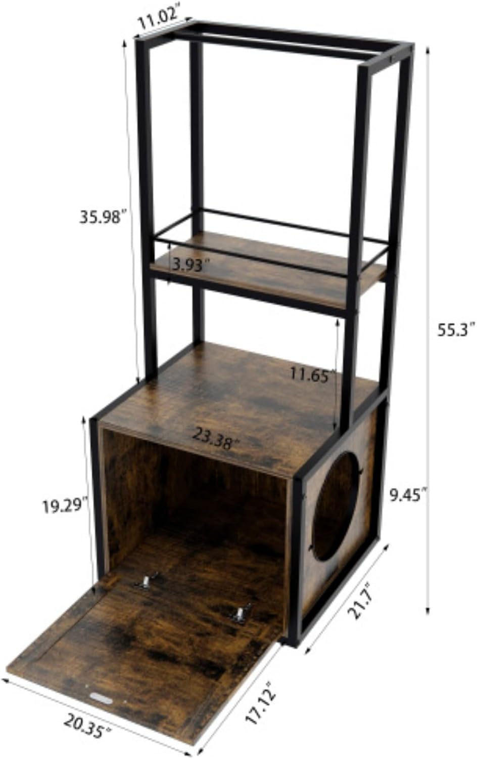 55" Refined Litter Box Enclosure with Storage Shelves and 2 Hanging Clothes Rack, 4-in-1 Hidden Cat Litter Box Enclosure Furniture with Shelf, Reversible Entrance,Rustic Brown