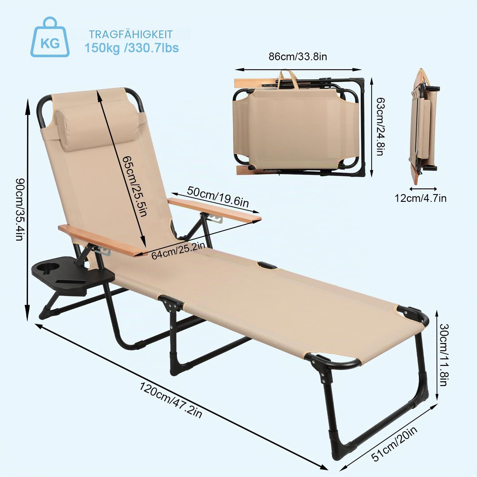 Strandliege Klappbar Leicht, Gartenliege Wetterfest ,Sonnenliege mit Rstellbarer Rückenlehne, Nackenkissen und Getränkehalter, Liegestuhl Für Balkon, Garten, Pool und Strand (Beige mit Baldachin)