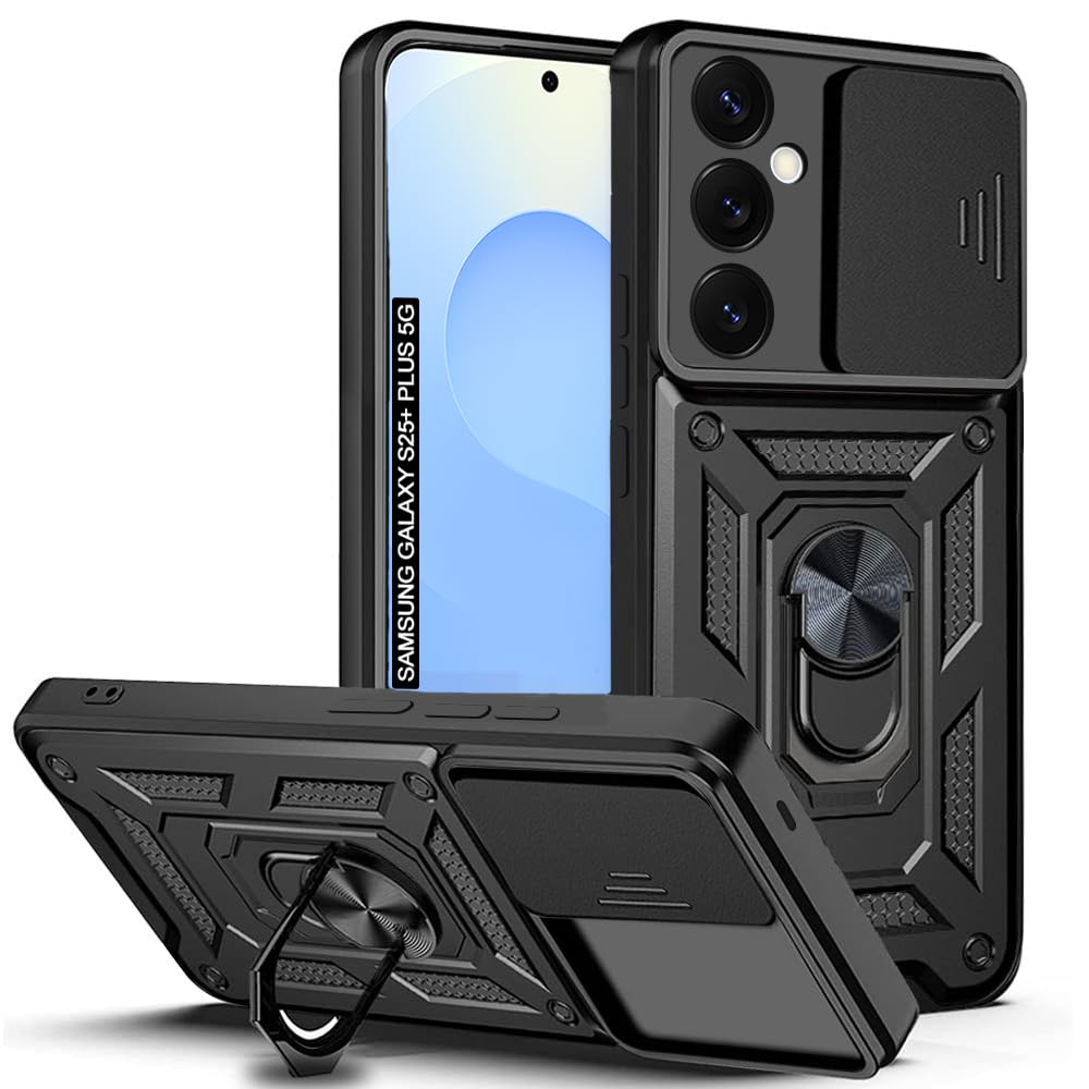 AESTMO Tough Armor Samsung Galaxy S25 Plus 5G Bumper Back Case Cover | Ring Holder & Sliding Camera Cover | 360 Degree Protection Back Case Cover (Black) discount deal