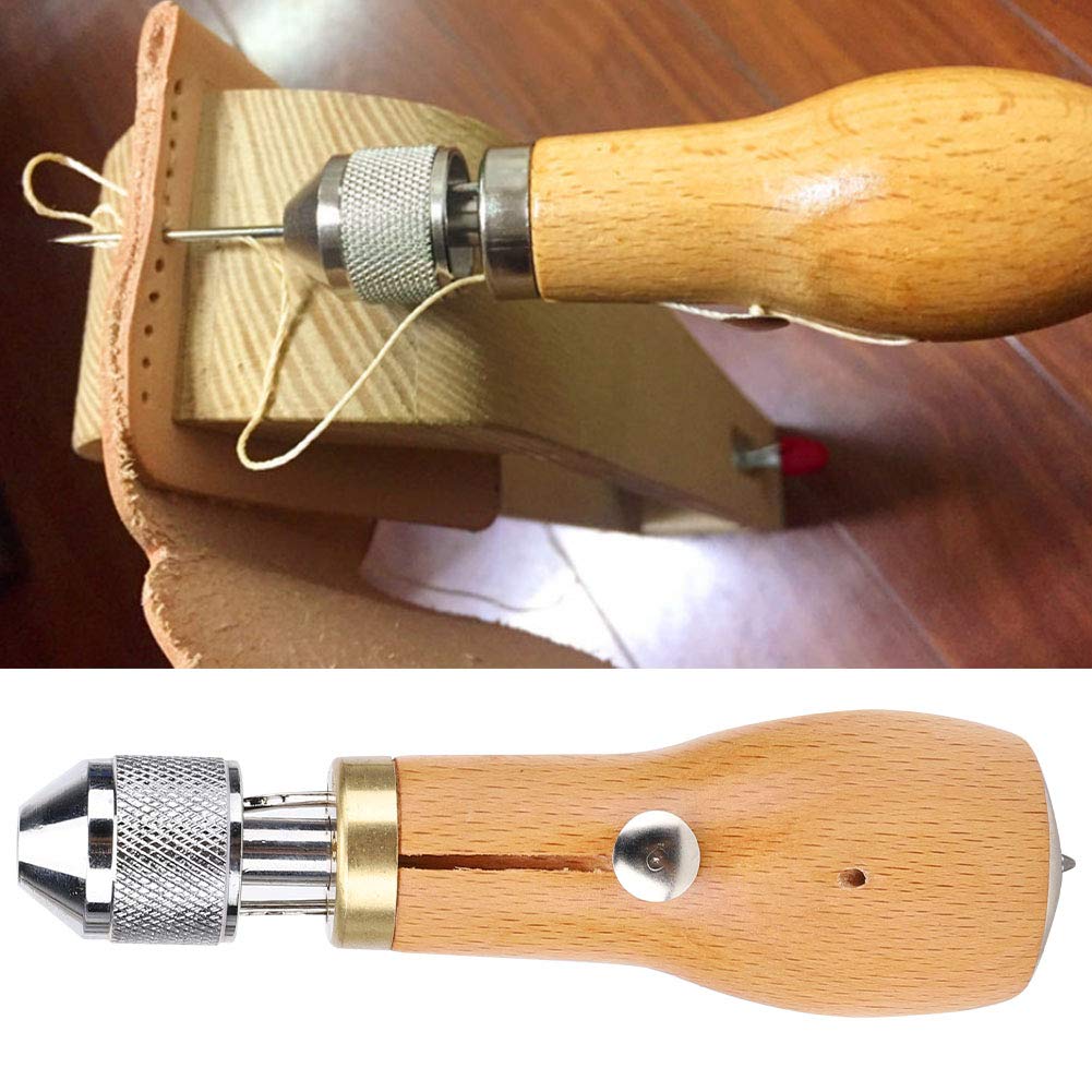 Fyearfly Kit Alène En Cuir Avec Poignée En Bois - Outils De Couture Artisanat Cuir DIY, Poinçon Manche Bois + 2 Aiguilles Et Fil Noir