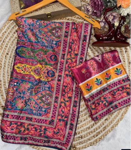 Image of Women's Chinon Silk Saree with Printed Design, Mirror Work & Zari Woven Detailing | Ethnic Wear Saree with Unstitched Blouse Piece | Traditional Festive & WeddingWear