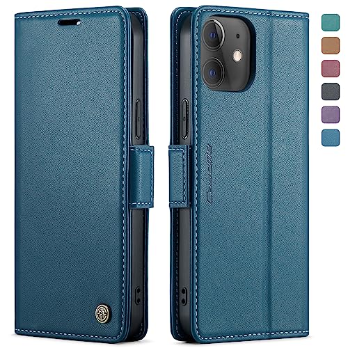 Coque iPhone 12 Pro et 12 en cuir bleu avec porte-carte et blocage RFID