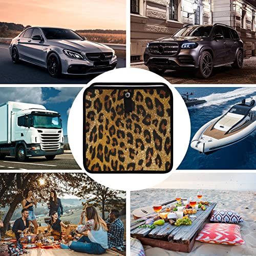 Image of Brown Leopard Print Car Trash Can, Foldable Hanging Car Trash Bag, Cheetah Golden Glitter Animal Skin Small Waterproof Car Accessories Garbage Bin