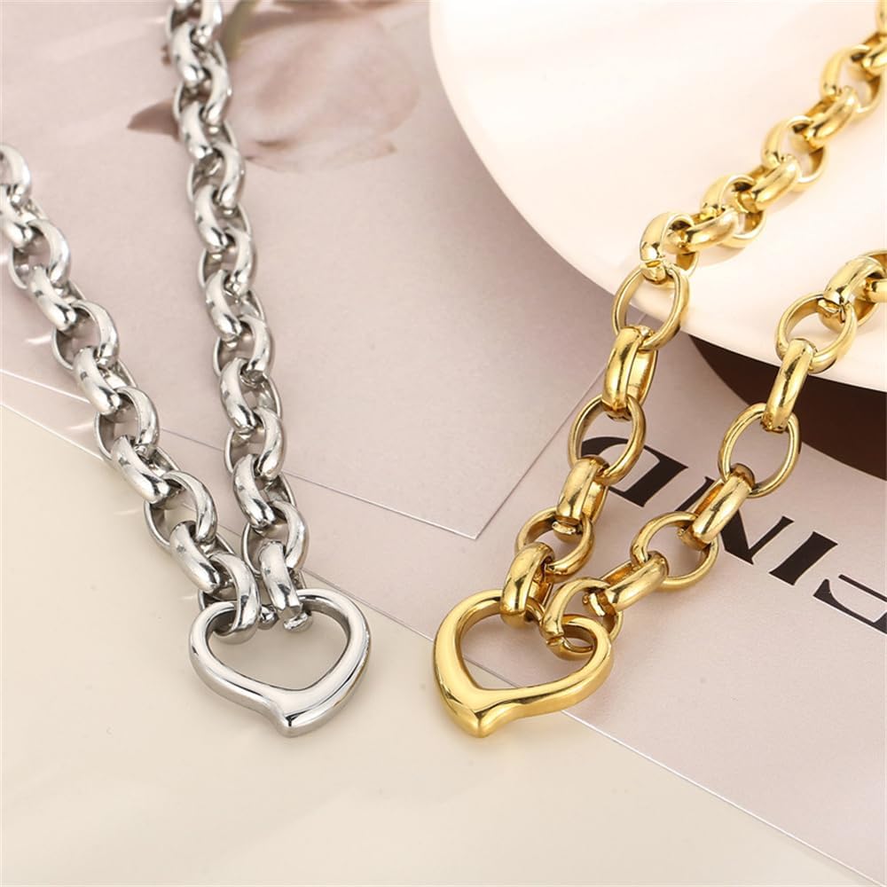 Stainless Steel Chunky Chain Necklace with Charm Heart for Women Punk Jewelry Gift