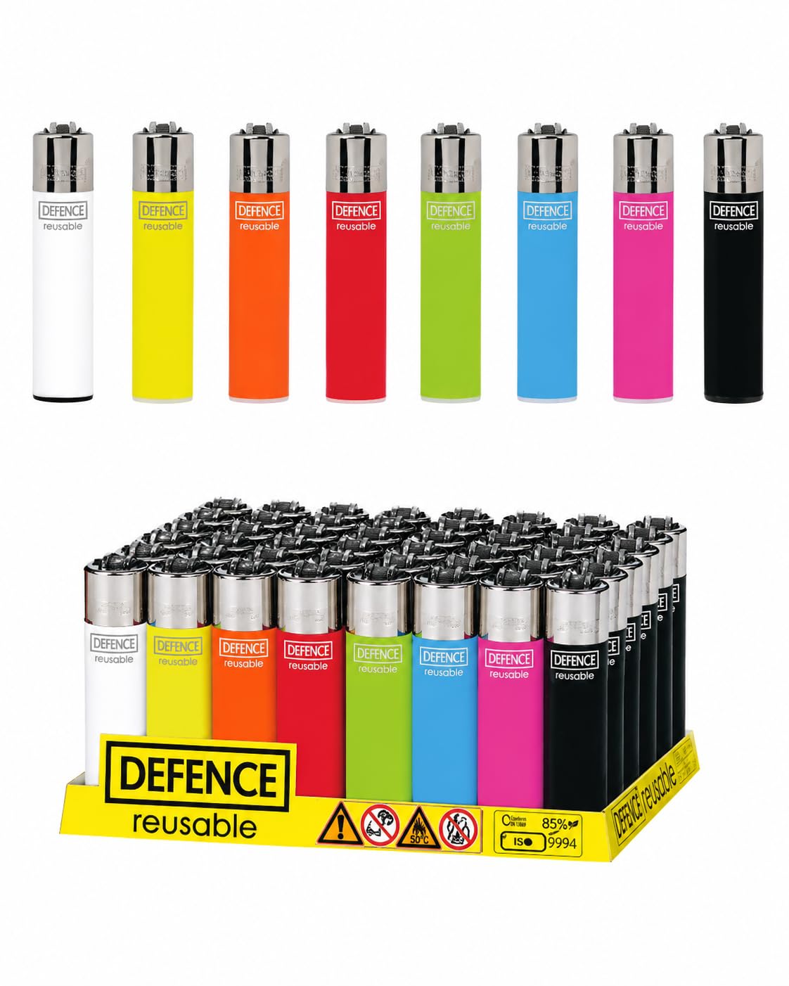DEFENCE Refillable Lighters Multipack (10, 20 or 40 Pack), Reusable Flint Wheel Pocket Lighters, Assorted Colours, Gas Refillable Everyday Lighter for BBQ, Candles, Kitchen & Camping (20)