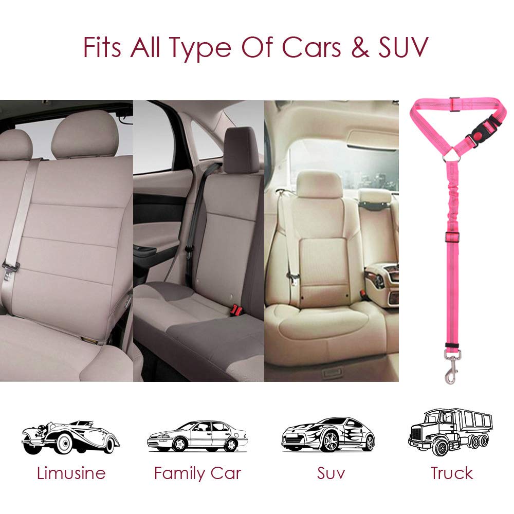 Lukovee Dog Car Seat Belt, 2 Pack Headrest Restraint Seatbelt, Adjustable Pet Safety Leads with Reflective Elastic Bungee for Dog Harness Collar Travel Daily Use (Fluorescent Pink,Headrest) - image 4