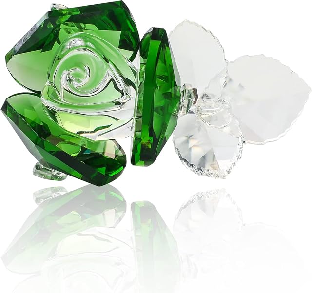Movdyka Crystal Green Rose Flower Figurines Collectible Ornaments Paperweight Art Decor for Table Emerald Gifts on Anniversary (Green)