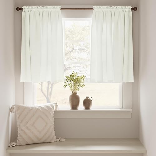 Miniatura 2 de jinchan Cortinas de cocina, juego de cortinas texturizadas de lino de nivel corto, filtrado de luz para sala de estar, baño, ideal para cafetería,