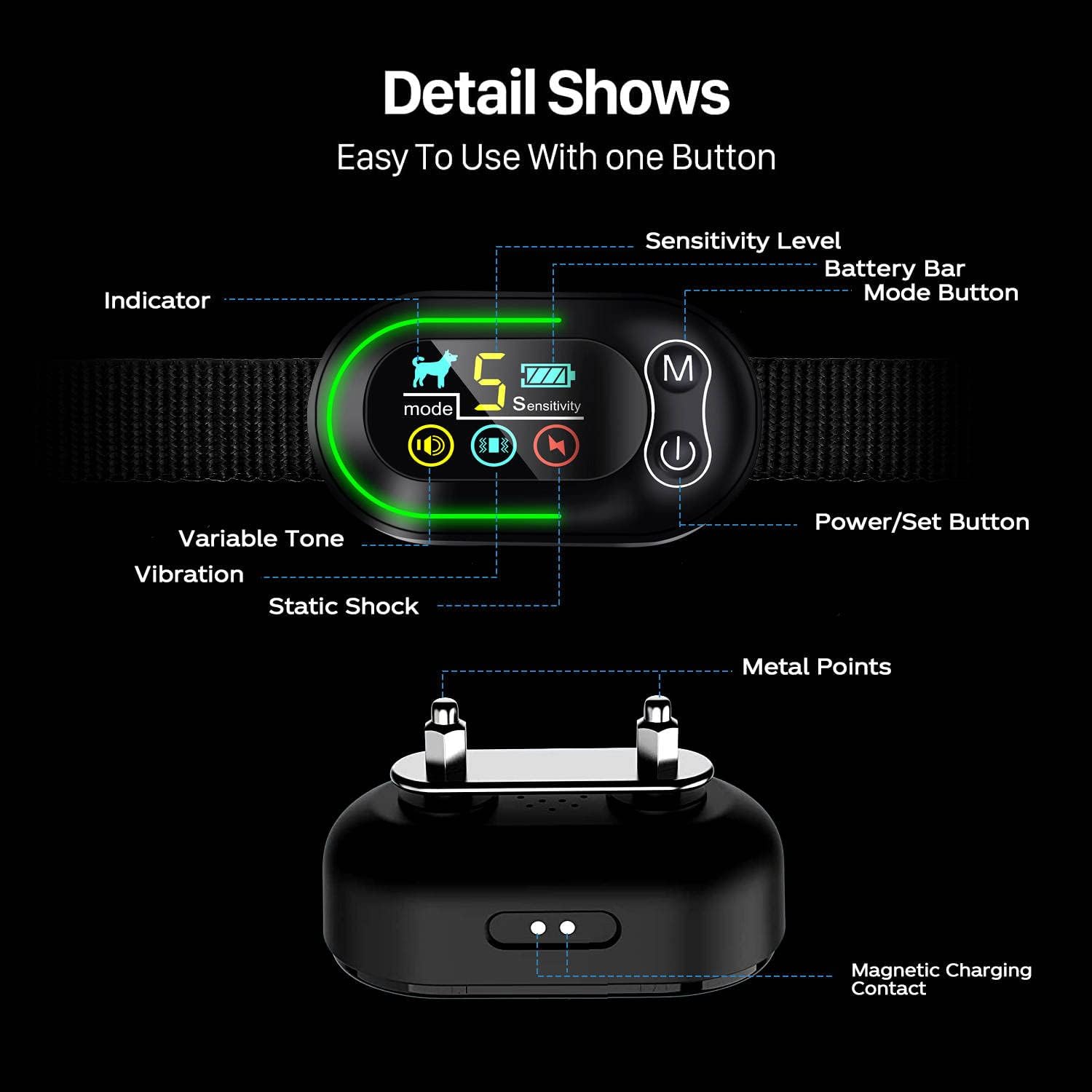 Detailed diagram of the S2 Bark Collar showing indicator, sensitivity level, battery bar, mode button, power/set button, variable tone, vibration, static shock icons, metal points, and magnetic charging contact.