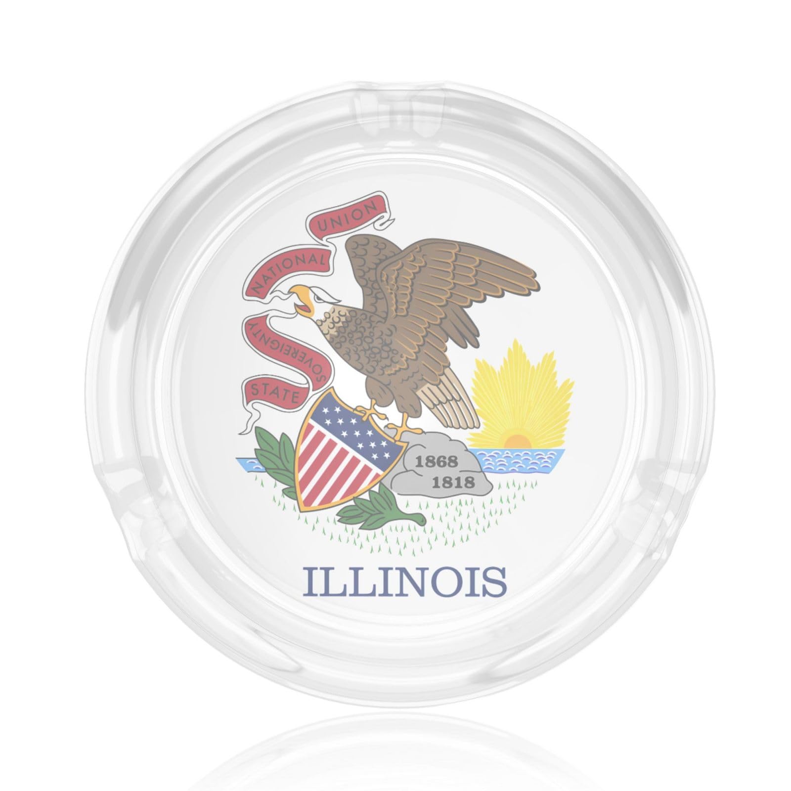 Illinois State Flag Glass ashtray with smooth edges and recessed mouthpiece design, washable.