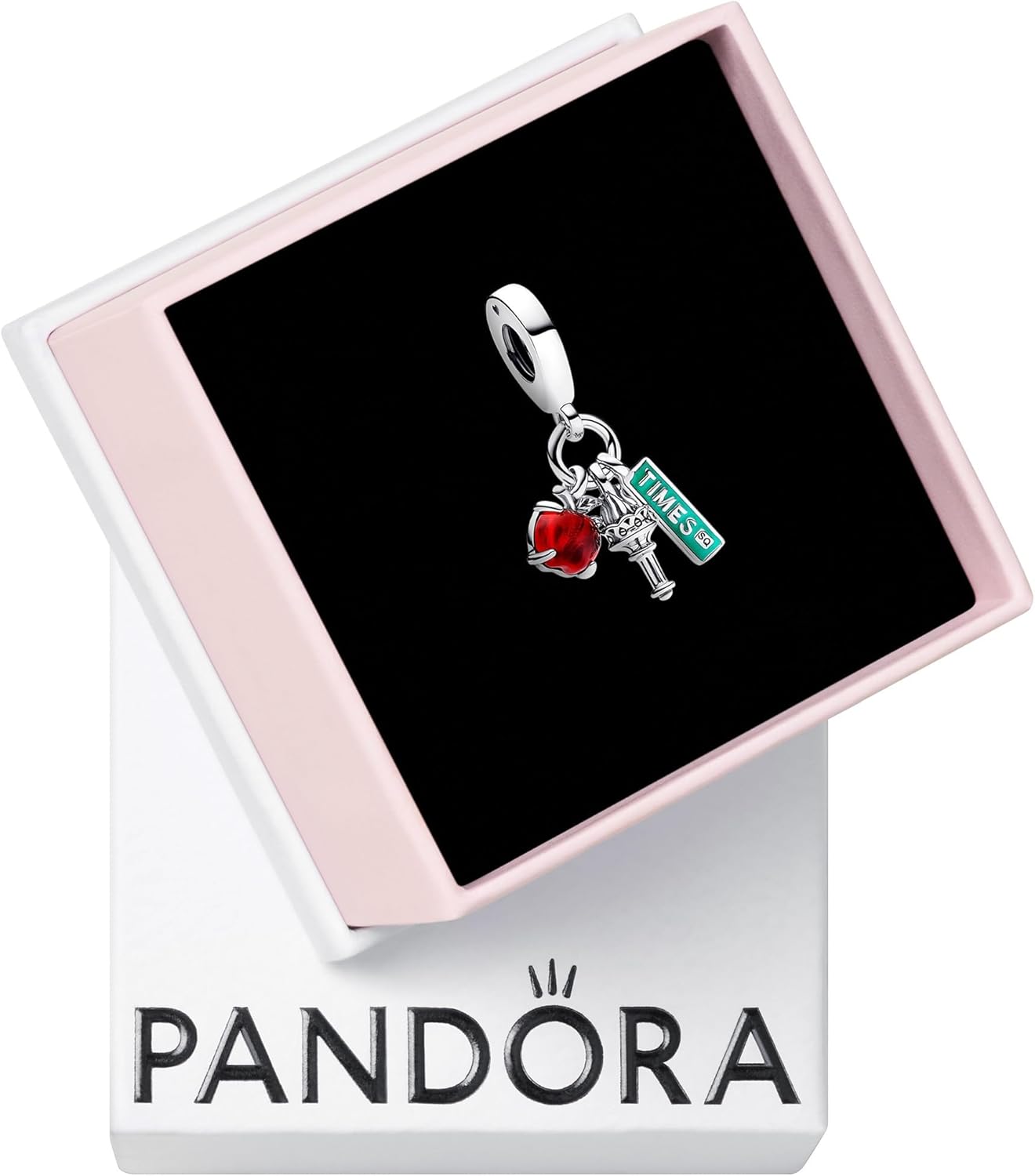PANDORA NYC Apple, Torch & Street Sign Triple Dangle Charm - Compatible with PANDORA Moments - Gift for Her - Sterling Silver with Murano Glass & Enamel - With Gift Box