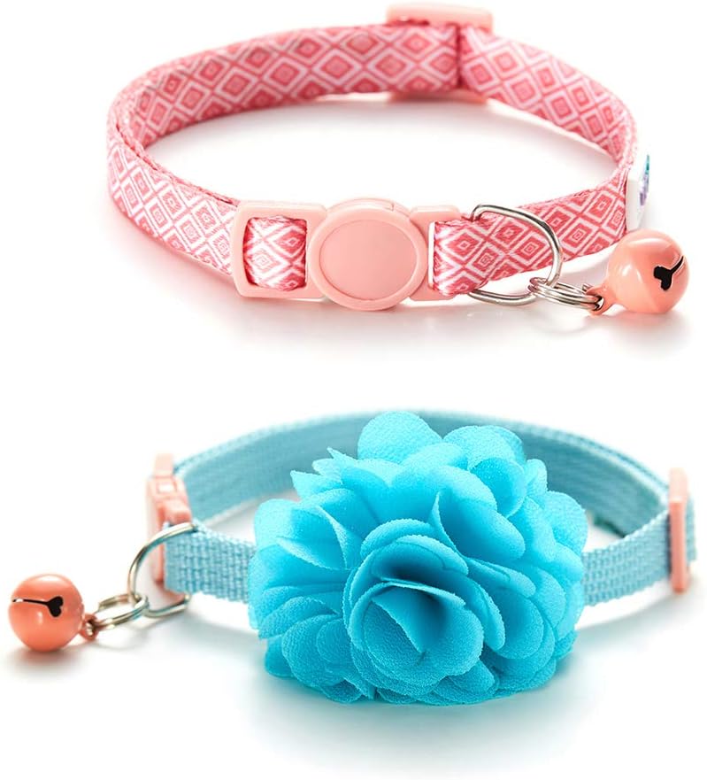 Nourse Chowsing 2Pcs Breakaway Cat Collars with Bell Adjustable Strap Kitten Collar Safety Buckle Cat Flower Collar Blue