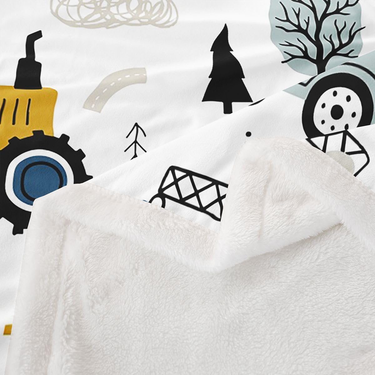 Feelyou Kids Construction Fleece Throw Blanket Equipment Trucks Plush Blanket Excavator Tractor White Yellow Fuzzy Blanket Twin 60"x80"