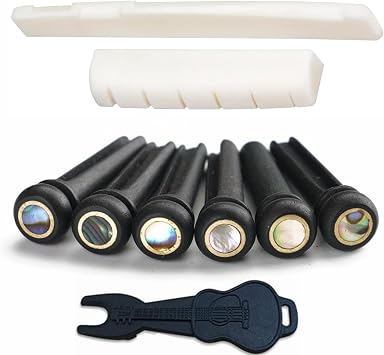 Miwayrer Acoustic Guitar Bone Bridge Saddle Nut with 6pcs Big Abalone Dot Guitar Bridge Pins and Pins puller Bone bridge & Ebony pins
