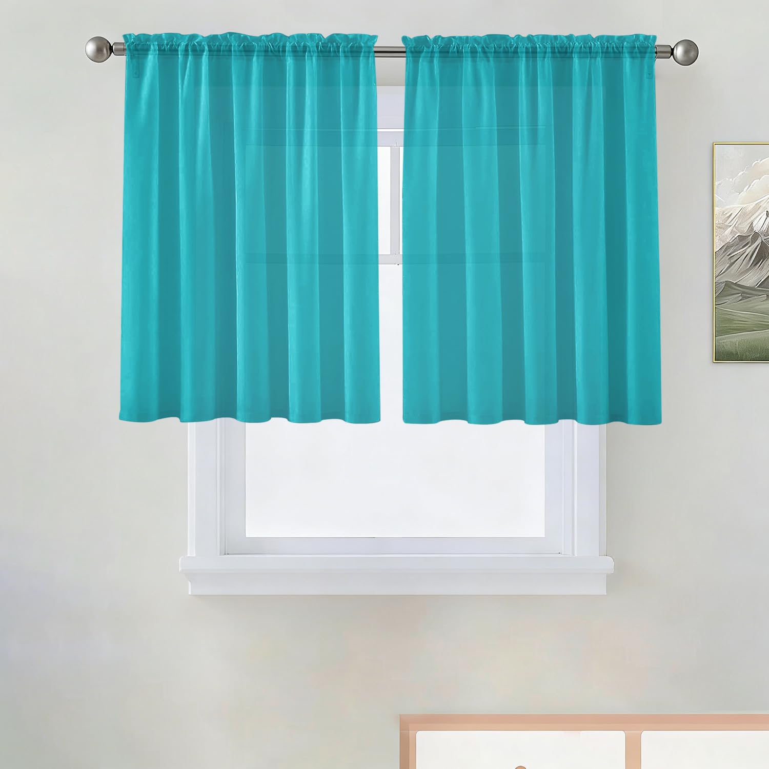 SpaceDresser Basic Rod Pocket Sheer Voile Window Curtain Panels Peacock Blue 1 Pair 2 Panels 52 Width 36 Inch Long for Kitchen Bedroom Children Living Room Yard（Peacock Blue, 52W x 36L）