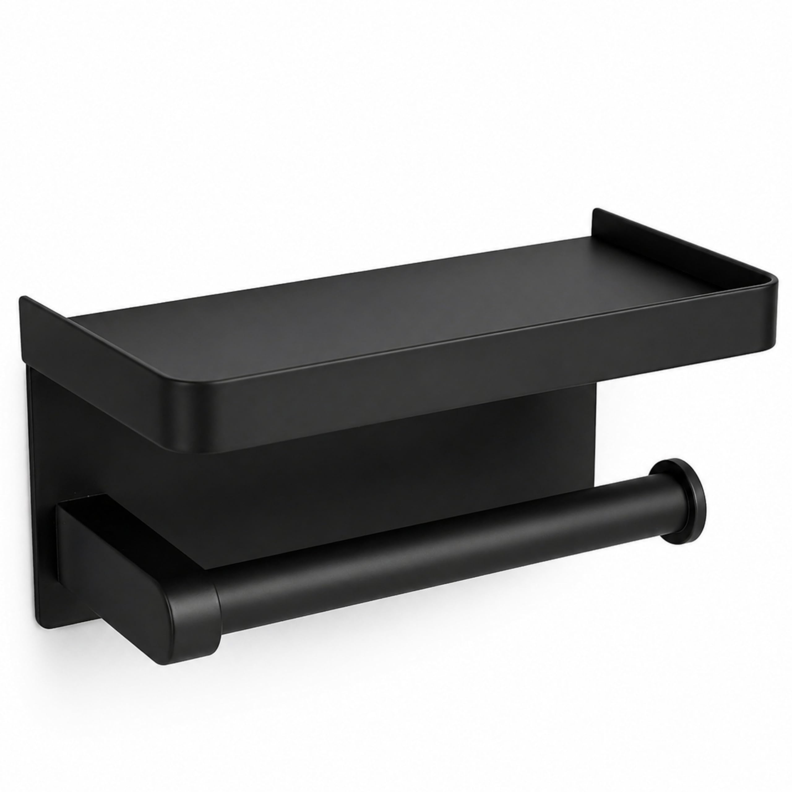 Bravara X Wall Mounted Toilet Roll Holder with Shelf, Matte Black Toilet Paper Holder, Stainless Steel Bathroom Tissue Holder, No Drill or Screw Installation