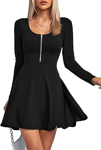 Umenlele Women's Scoop Neck Long Sleeve Dresses Casual Flowy Swing Mini Short Wr