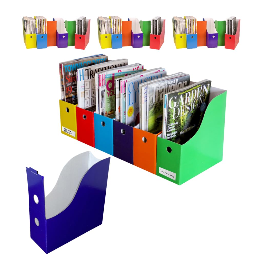 EvelotsMagazine File Holder Organizer Box (6, 12, or 24 Pack) Storage for Desk and Shelves Multiple Color Options - Includes Labels for Organization