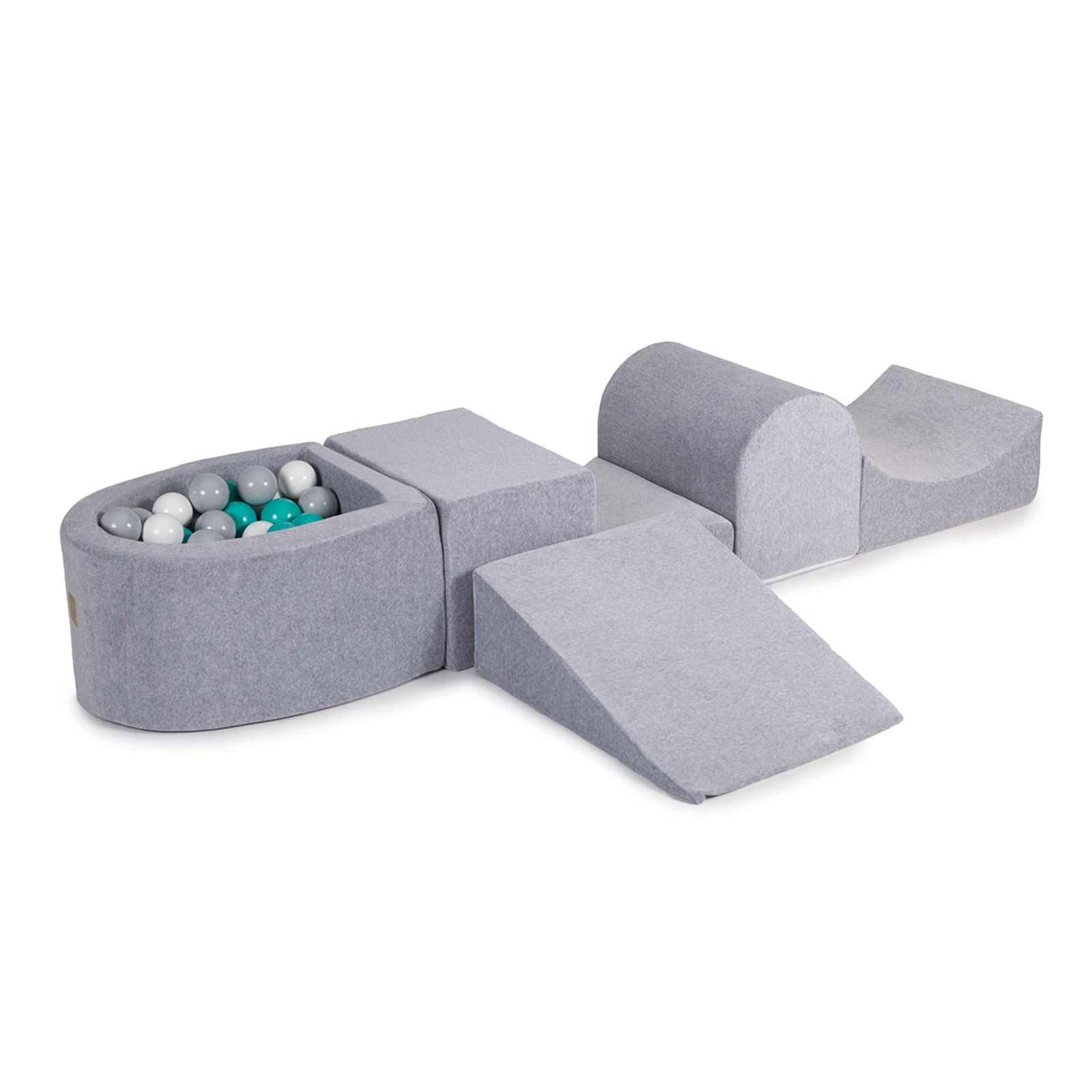 MEOWBABY 200x45cm Parque Infantil con Pelotas y un Kit de Espuma para Niños Conjunto de Piscina de 5 Elementos Módulo de Espuma Hecho en EU Gris Claro: Gris/Blanco/Turquesa