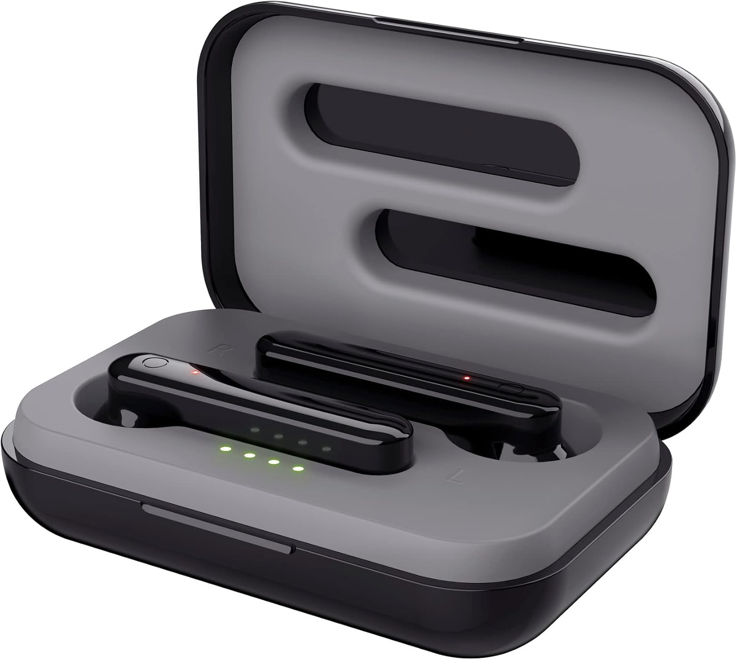 ആംഗിൾഡ് ടോപ്പ് view of the Trust Primo Touch True Wireless Earbuds in their open charging case, highlighting the earbuds' placement.
