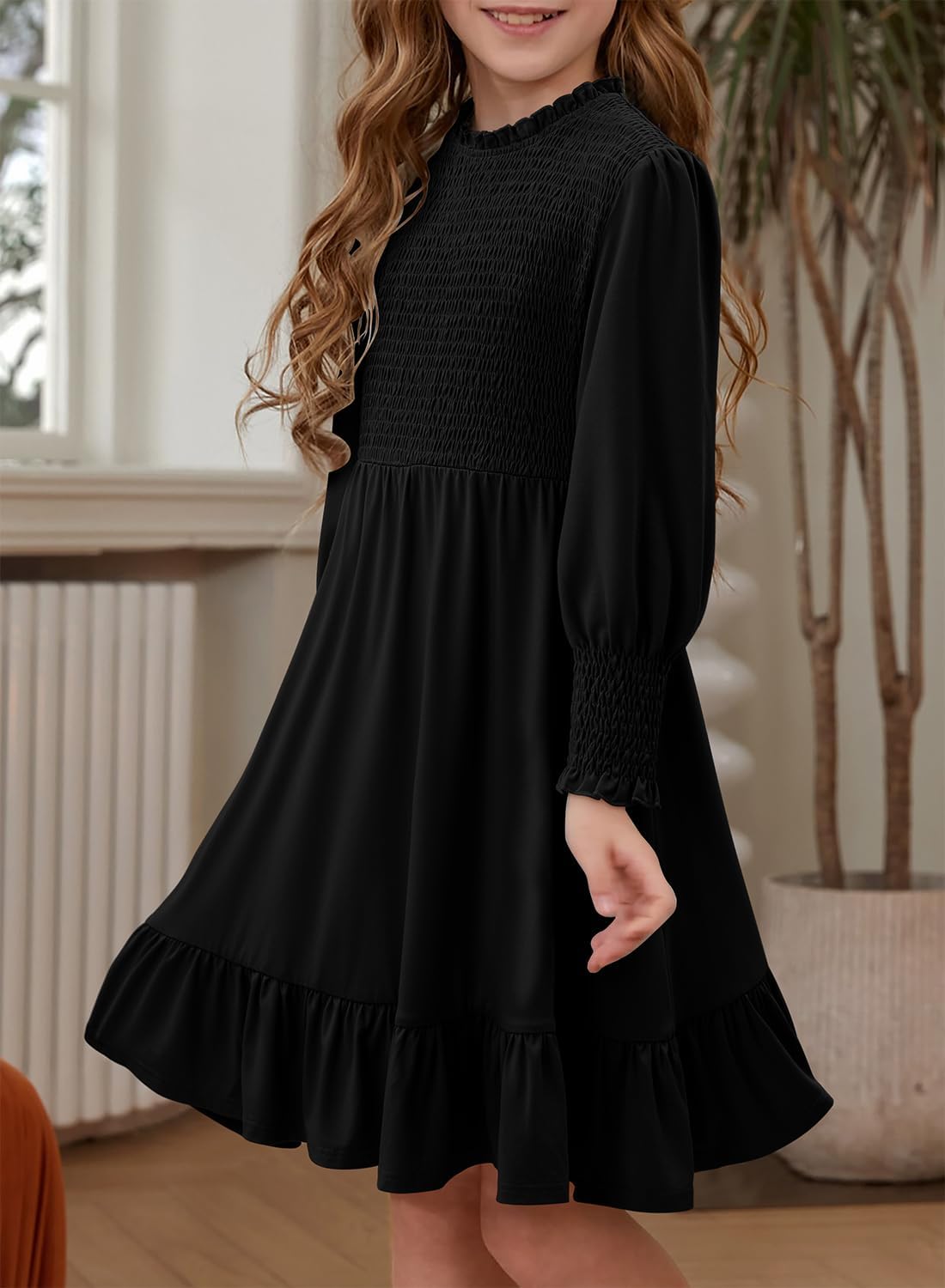 Yoklass Girls Smocked Dress Casual Puff Long Sleeve Ruffle Neck Dresses 4-13 Years - Image 3