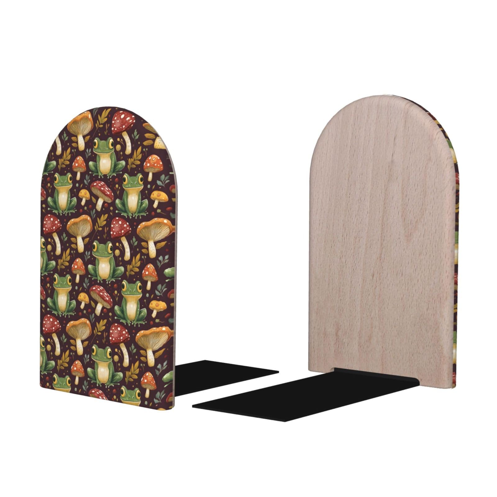 Cute Frog Mushroom Print BookEnds 1 Pair, Decorative Bookends for Heavy Books, Wood Book Ends for Shelves, Book Organizer for Home Desk Office Supplies