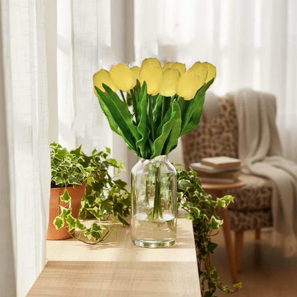 Mandy's 6pcs Artificial Yellow Tulips | 17.7 Inch Lifelike PU Tulips Faux Floral Arrangement for Kitchen Island Dining Table Centerpieces and Home Decor