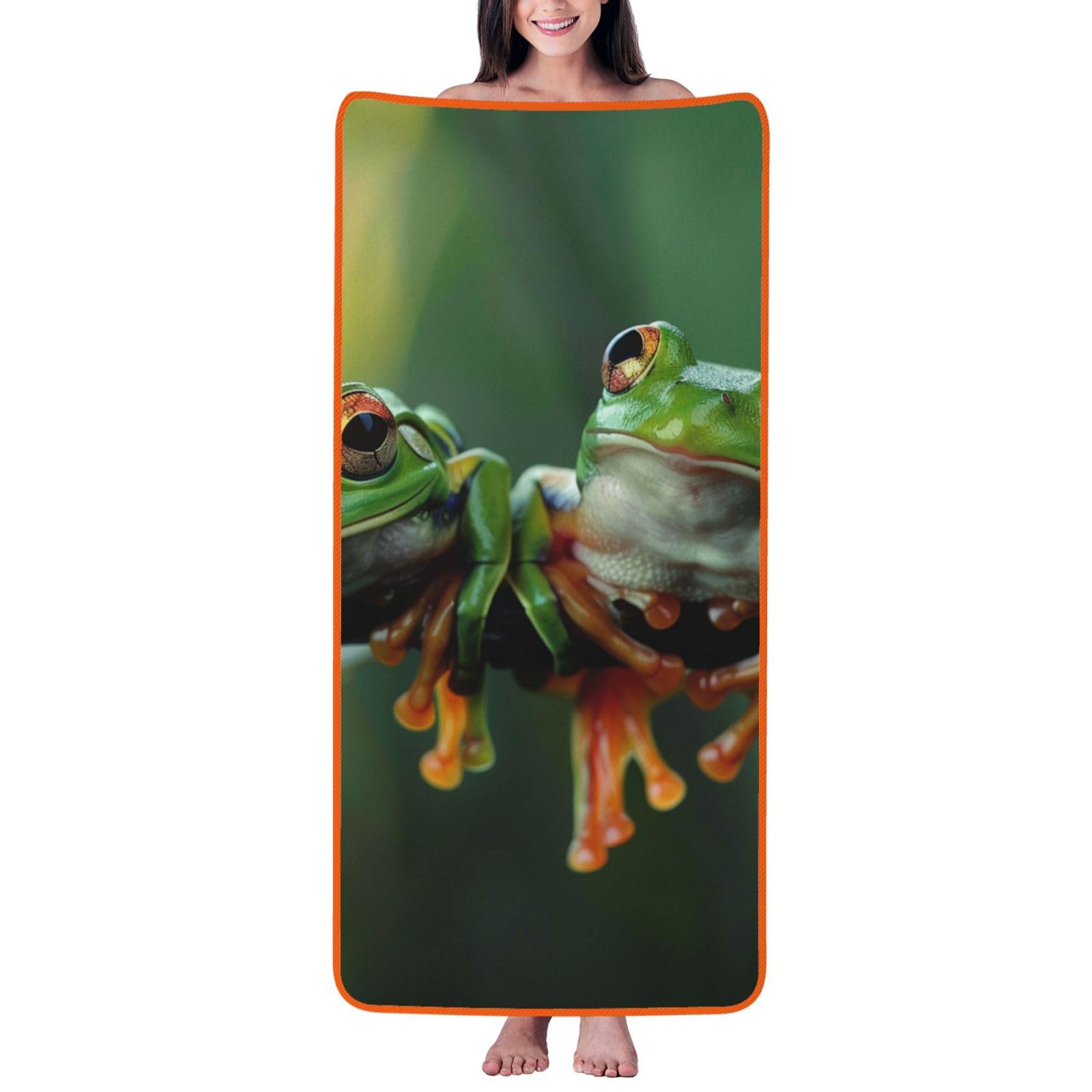 WPKJU Funny Frogs Printed Bath Towel with Orange Edging - 27x55 in Soft Extra Absorbent Coral Velvet Shower Towels for Bathroom