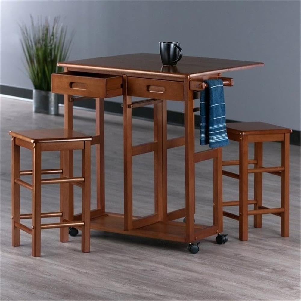 Pemberly Row Solid Wood Space Saver Dinette Set with 2 Square Stools, Teak Finish, Drop Leaf Expandable Table, Built-in Storage, Locking Casters, Compact Kitchen Dining Set