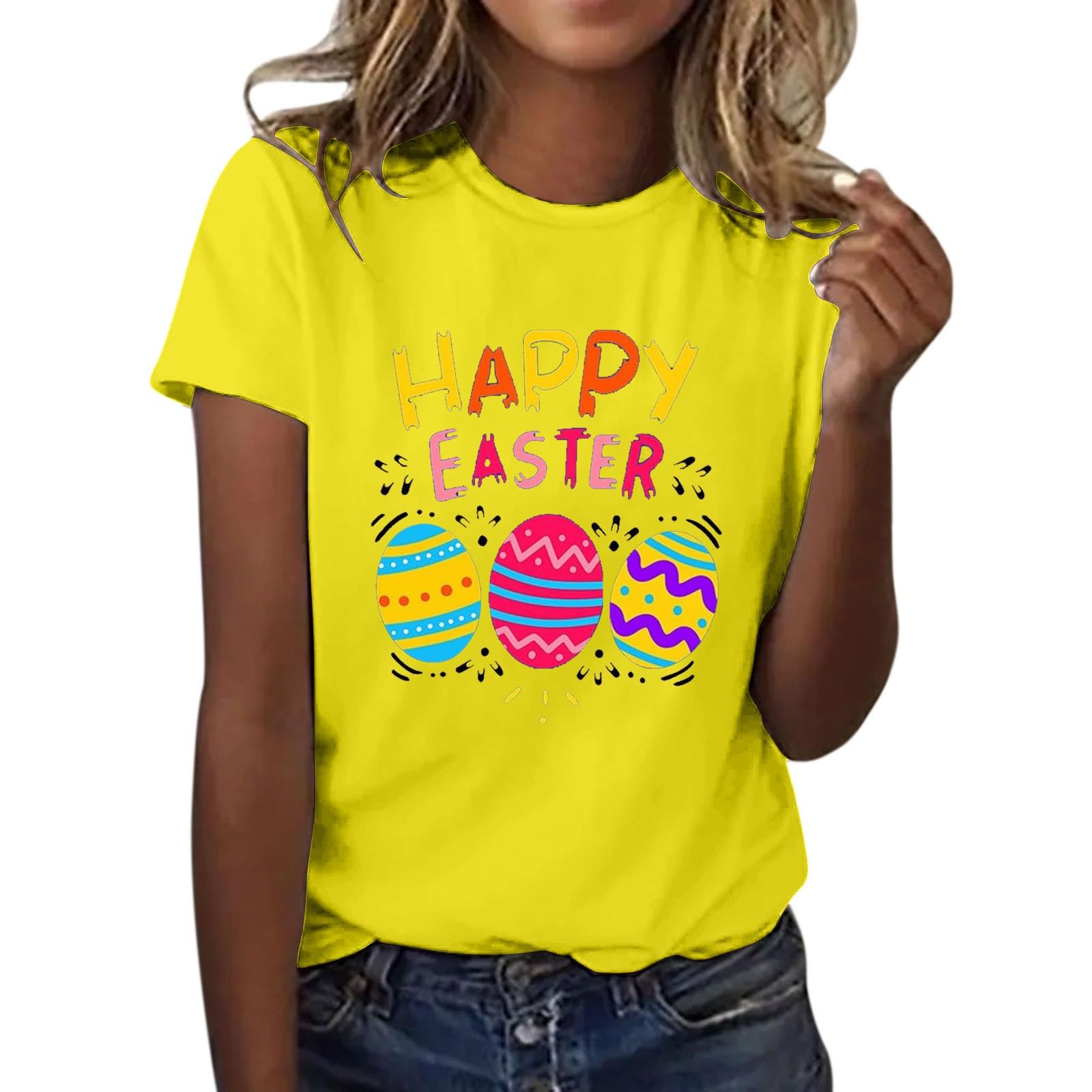AMDOLE Disfraz de Pascua para adultos, con estampado de huevos de Pascua, cuello redondo, manga corta, camiseta de Pascua para mujer