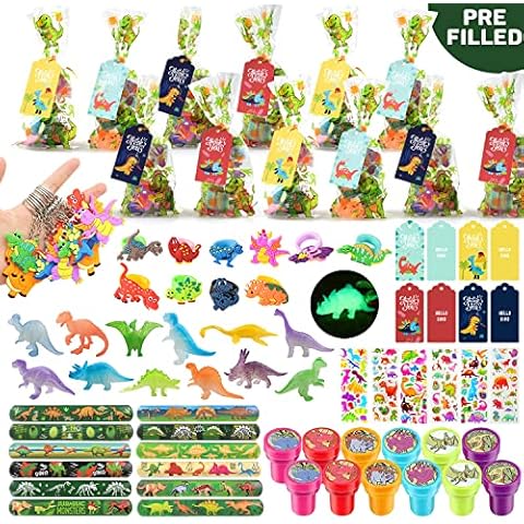 MOVINPE Dinosaur Party Favors 12 Pack 84 pcs Prefilled Goody Bags with Gift Tags, Filled with Dinosaur Themed Stampers Luminous Dinos Figure Slap Bracelets Keychains Rings 3D Stickers for Kids Cover